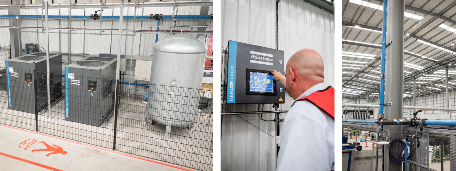 Photos showing the compressed air installation at Regency Glass, two compressors, a receiver, a controller and the pipework